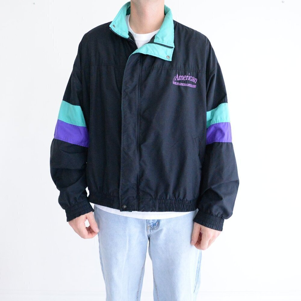 Vintage 90S Halloway Black Teal Zip Up Windbreaker Nautical Jacket XL